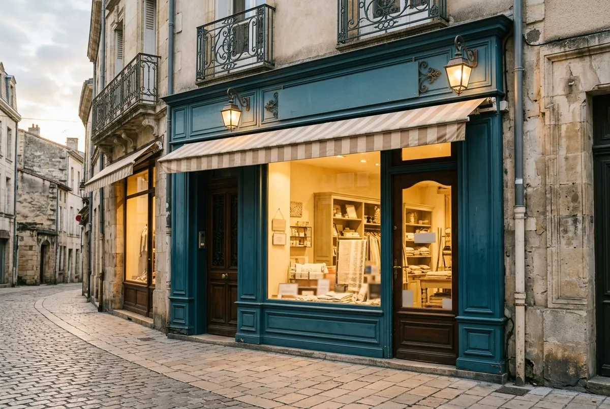 Devanture vitrée d'une boutique de prêt-à-porter, enseigne éclairée