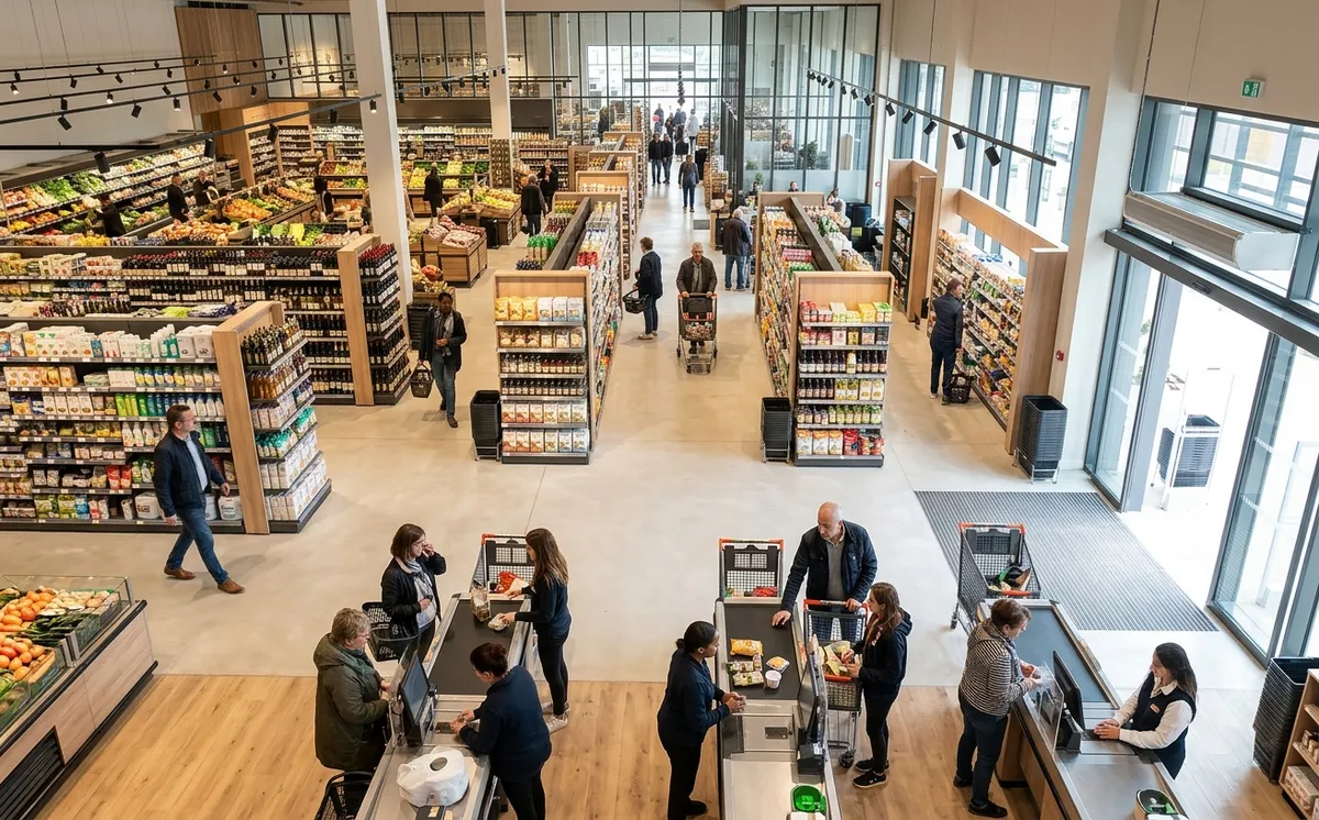 Vue d'un magasin montrant la circulation des clients de l'entrée vers la caisse
