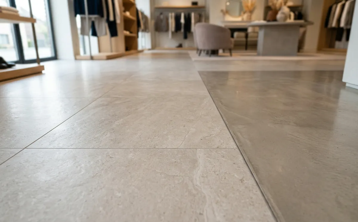 Sol de commerce en grès cérame clair avec transition vers du béton ciré