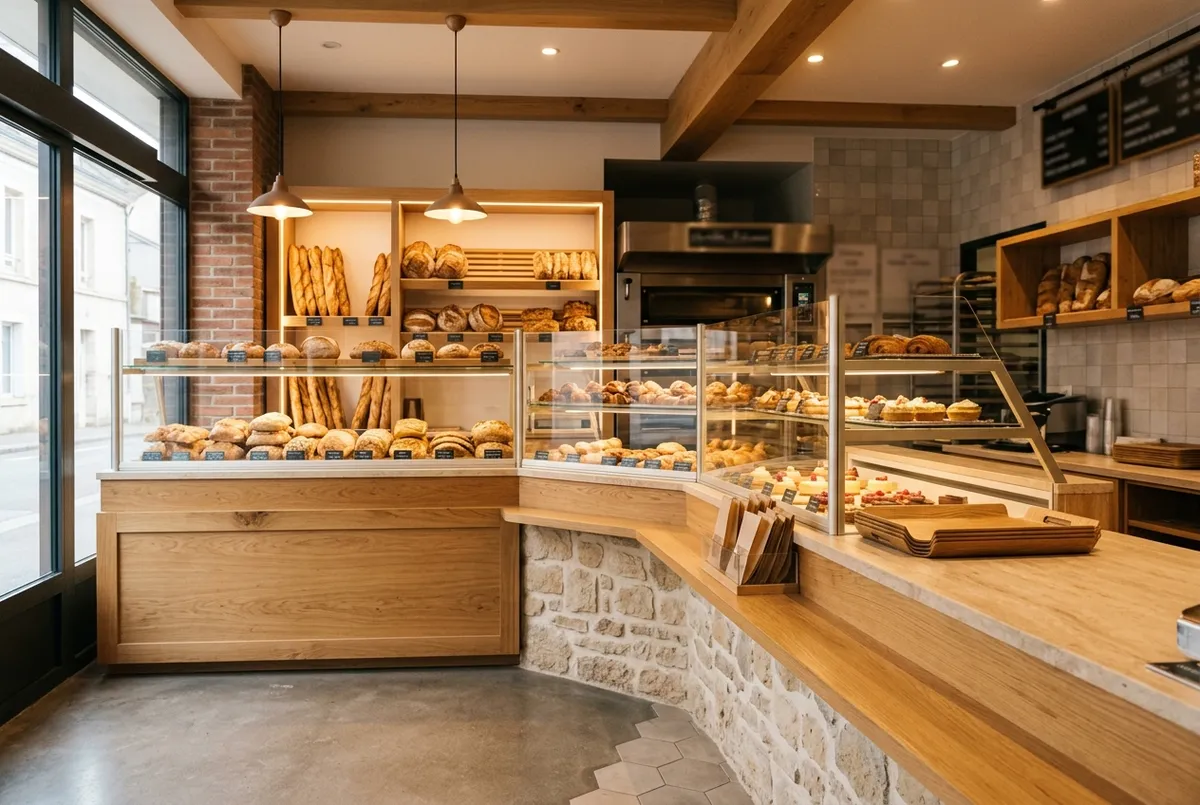 Comptoir et vitrines d'une boulangerie récemment agencée