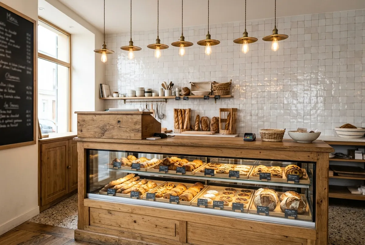 Comptoir de vente d'une boulangerie, caisse et vitrine basse réfrigérée