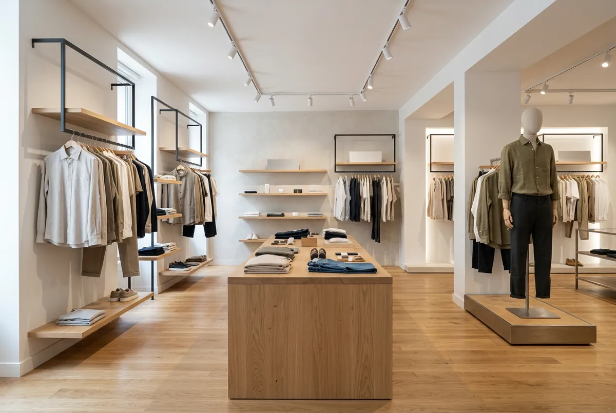 Intérieur d'une boutique de prêt-à-porter, penderies et table de présentation