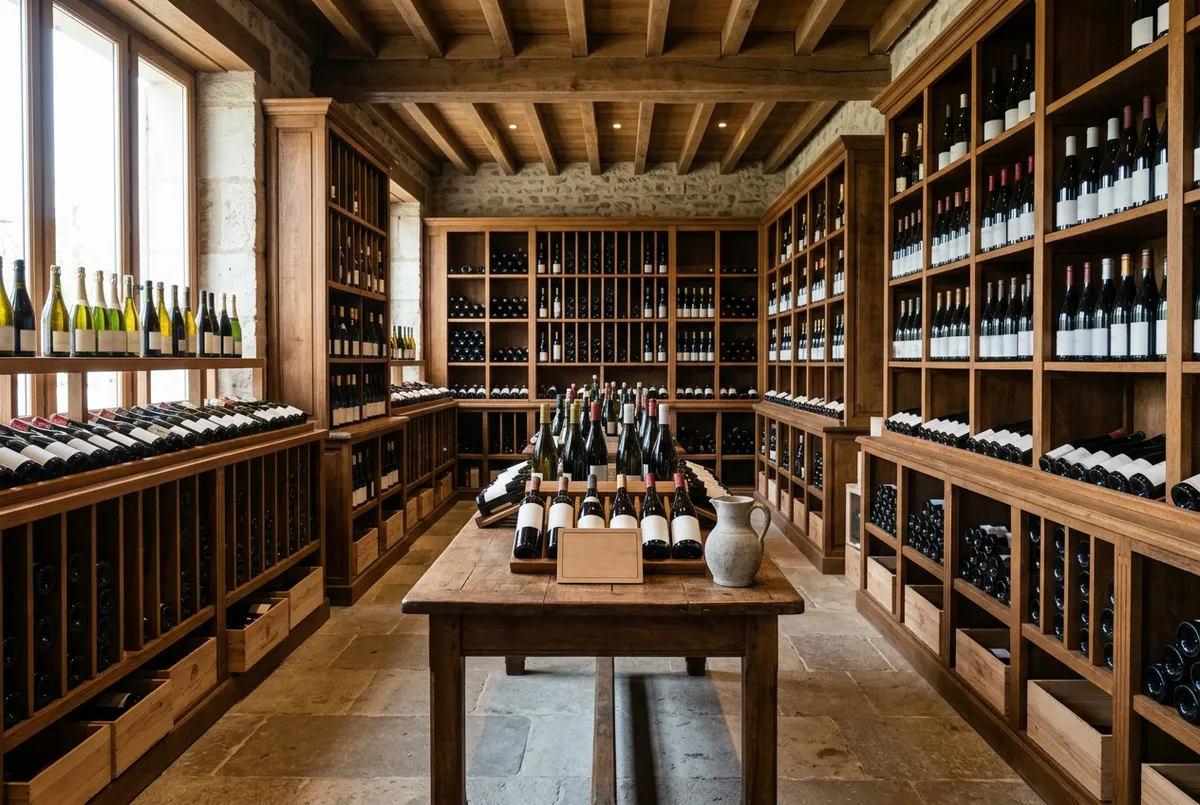 Rayonnages bois garnis de bouteilles dans une cave à vin