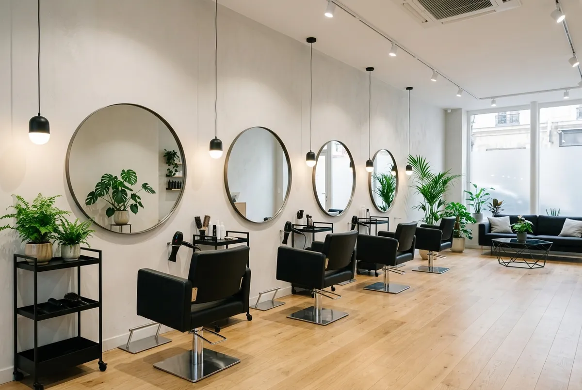 Postes de coiffage et miroirs d'un salon récemment rénové