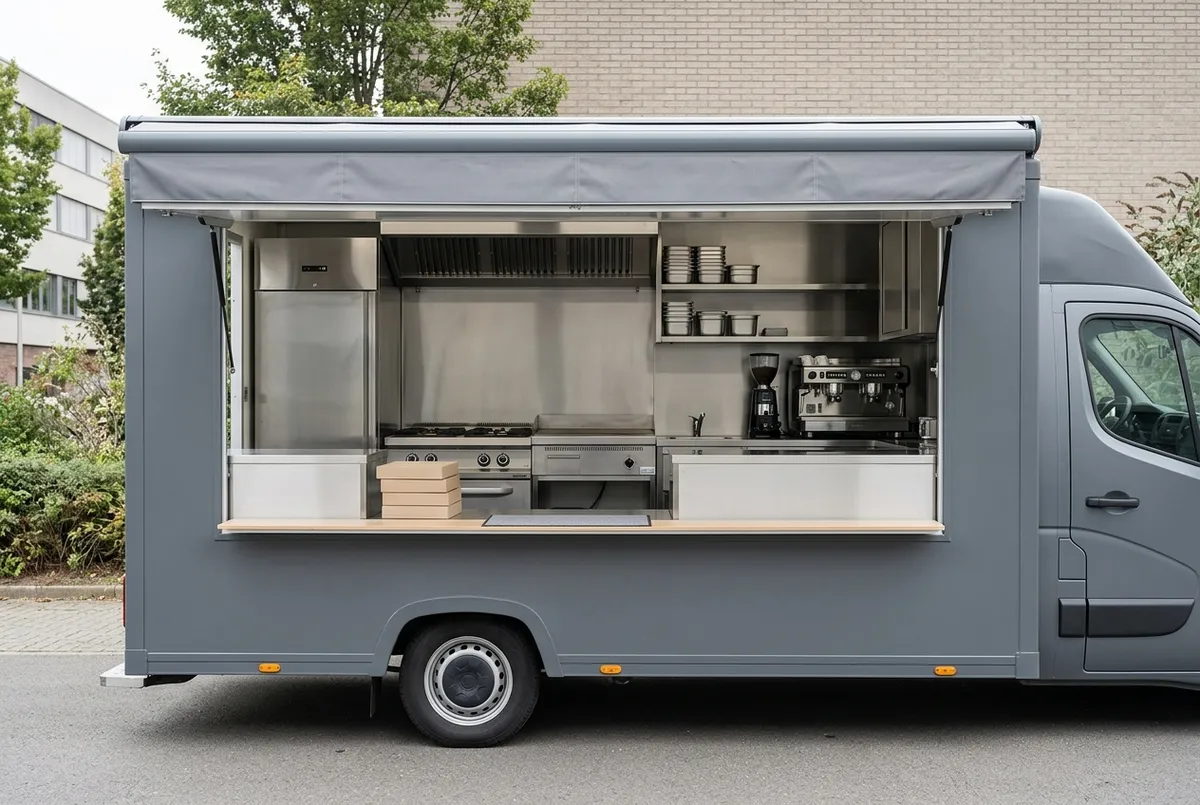 Food truck aménagé avec comptoir de service ouvert