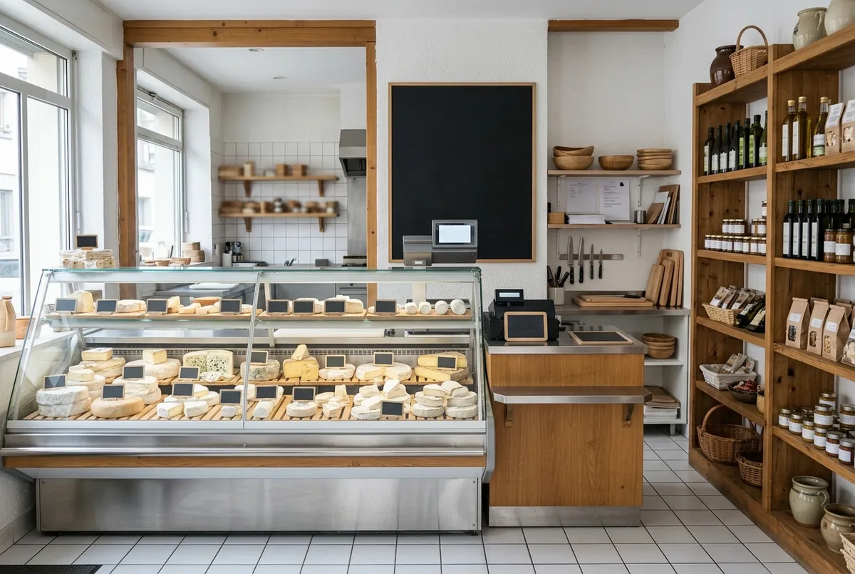 Vitrine réfrigérée garnie de fromages dans une crèmerie