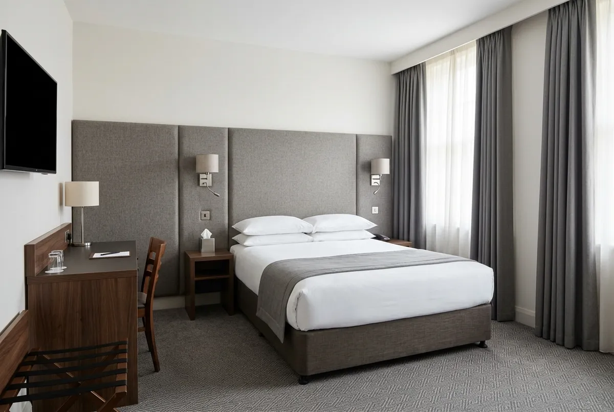 Chambre d'hôtel rénovée, tête de lit et éclairage soignés