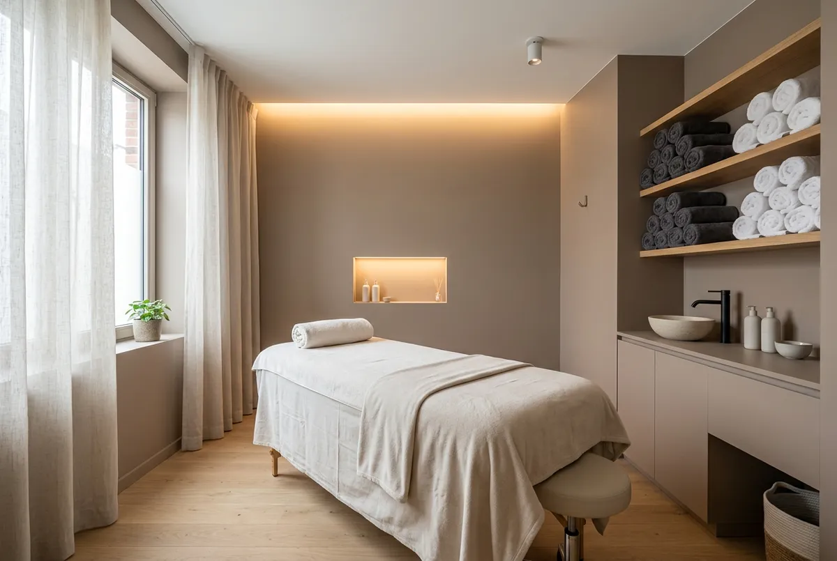 Cabine de soins d'un institut de beauté, table et éclairage doux
