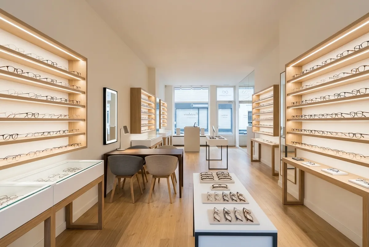 Murs à lunettes éclairés d'un magasin d'optique moderne
