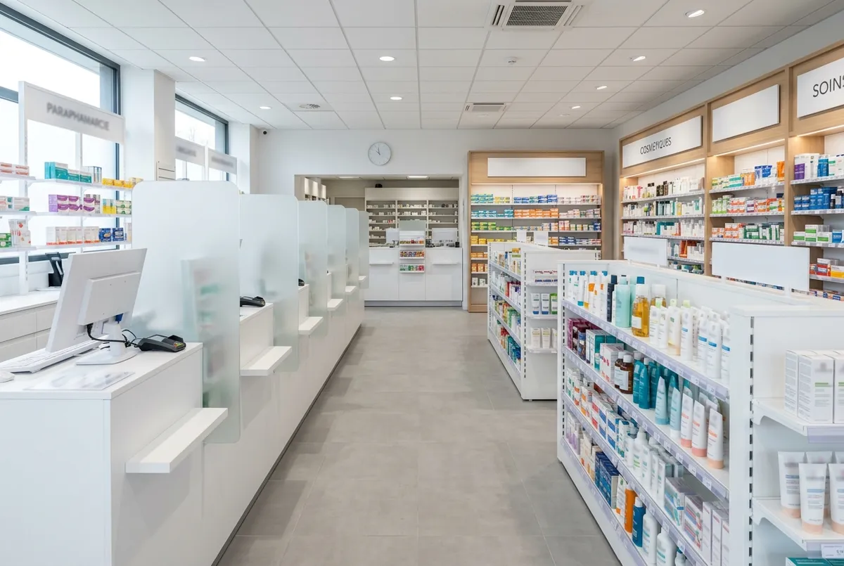 Comptoirs et rayonnages d'une officine récemment réagencée
