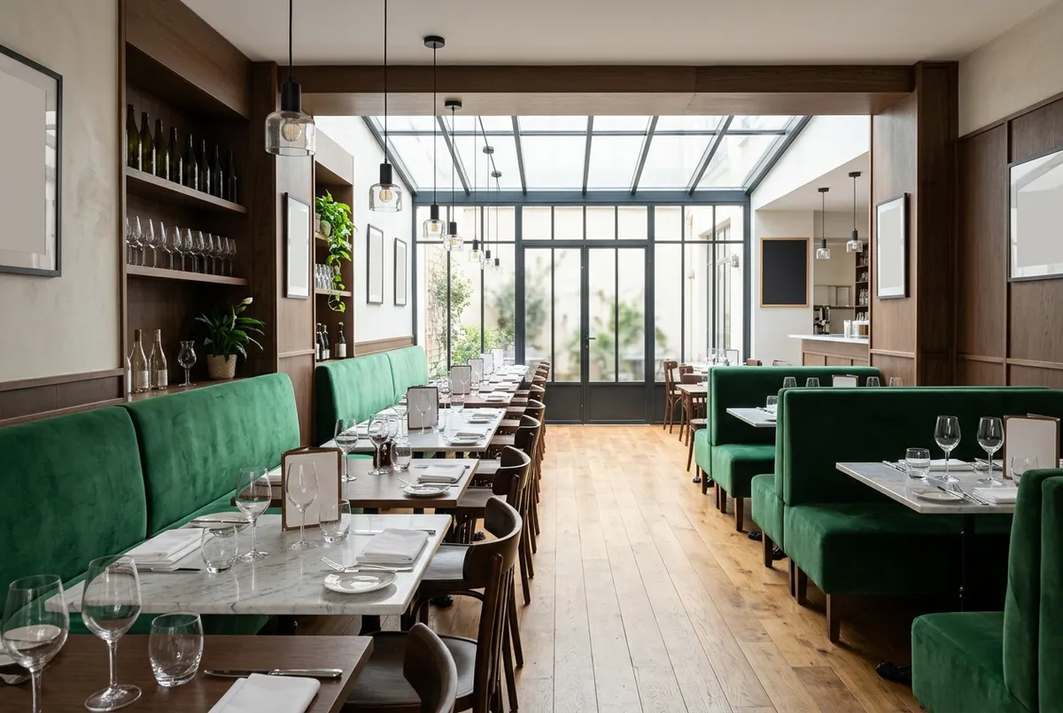 Salle de restaurant récemment agencée, banquettes et éclairage soigné