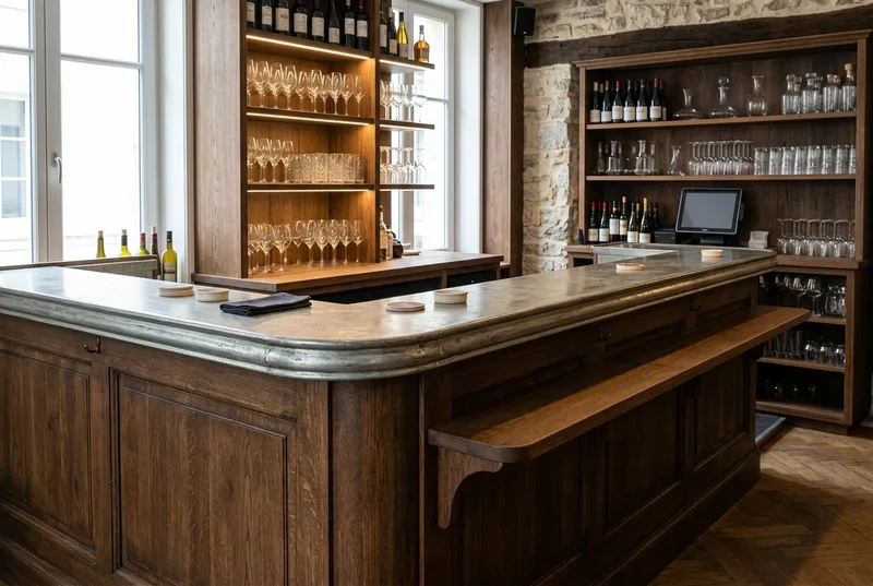 Comptoir de bar avec plateau bois massif et arrière éclairé