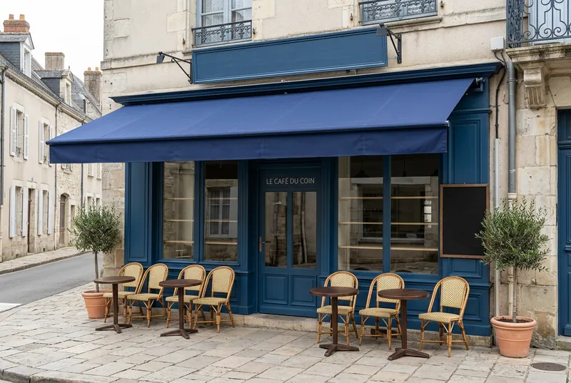Façade d'un café avec store banne et terrasse