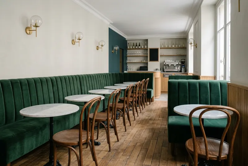 Salle de café avec banquettes et petites tables rondes