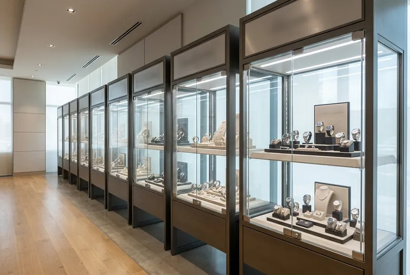 Vitrines sécurisées éclairées présentant des bijoux