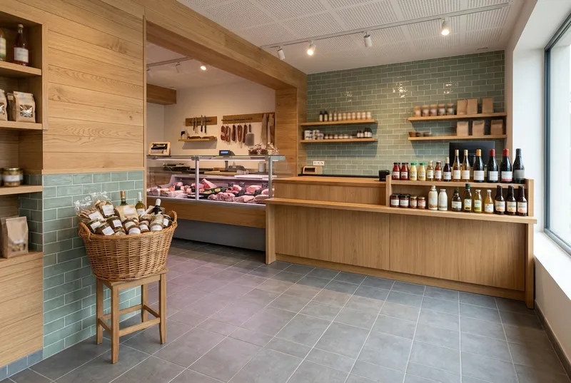 Espace de vente d'une boucherie, carrelage et bois