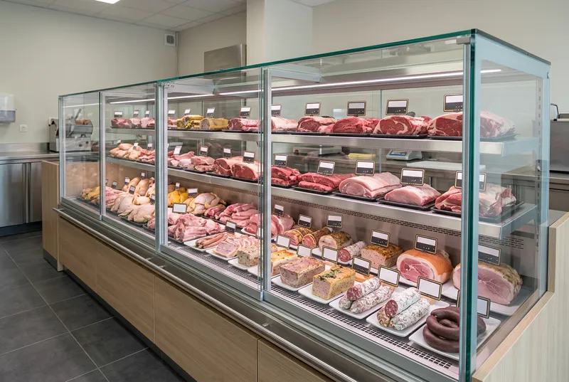 Vitrine réfrigérée de boucherie garnie, éclairage adapté
