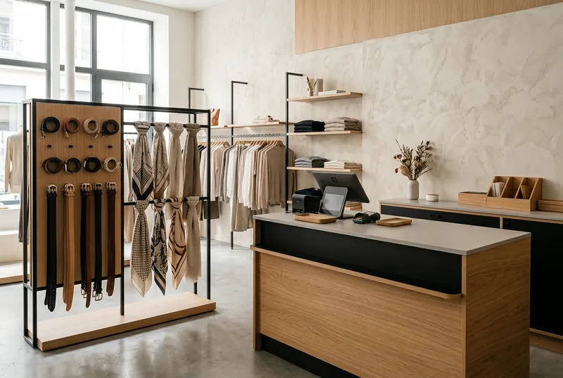Comptoir de caisse et présentoirs d'accessoires