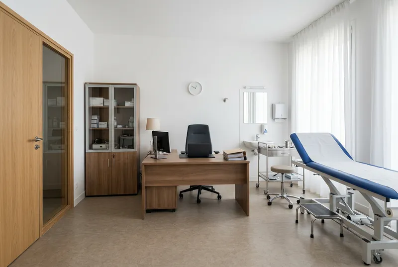 Salle de soins avec revêtements lessivables et éclairage médical