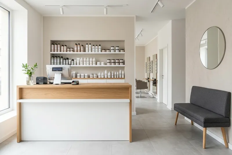 Comptoir d'accueil et espace d'attente d'un salon
