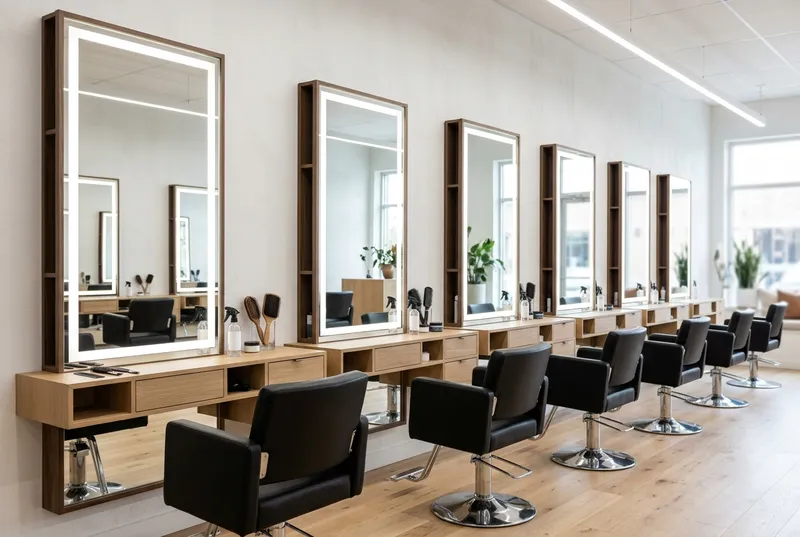 Postes de coiffage avec miroirs et fauteuils alignés