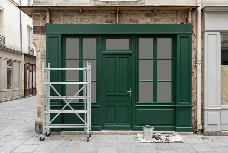 Menuiserie de façade en cours de rénovation, bois peint