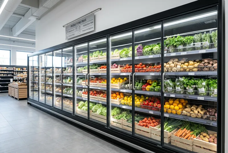 Meuble mural réfrigéré garni de produits frais