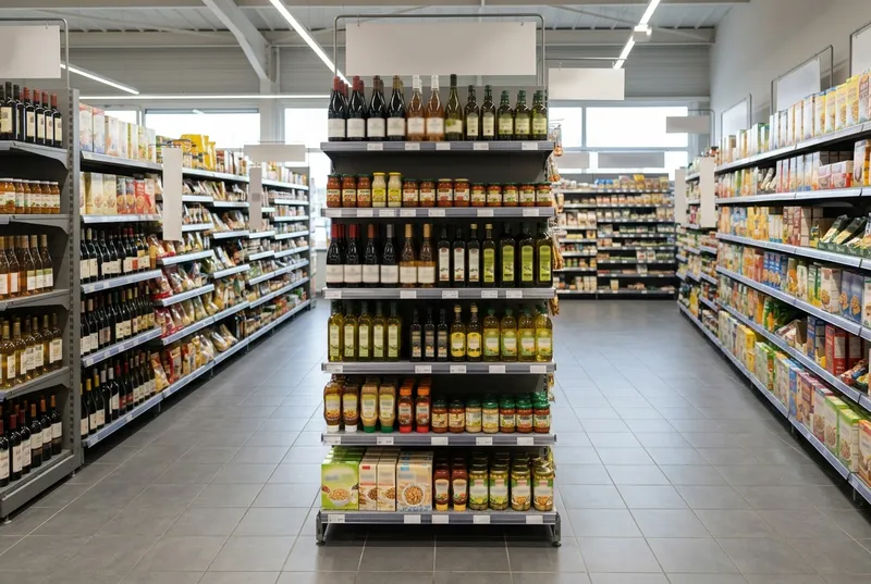 Rayonnages et gondoles d'une épicerie