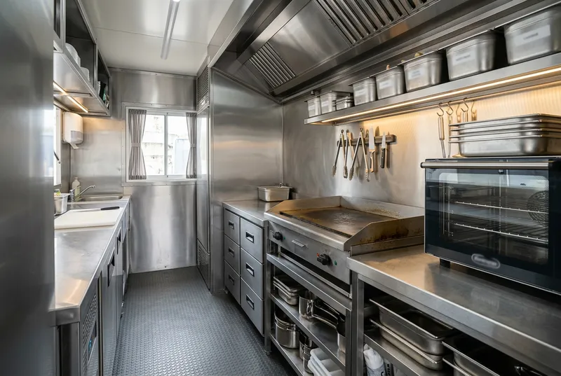 Intérieur inox d'une cuisine de food truck
