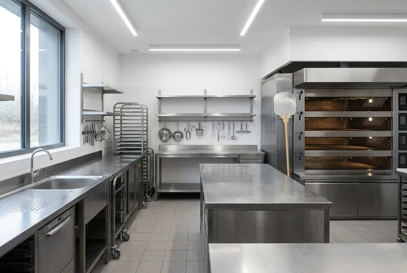 Fournil, plan de travail inox et matériel de production