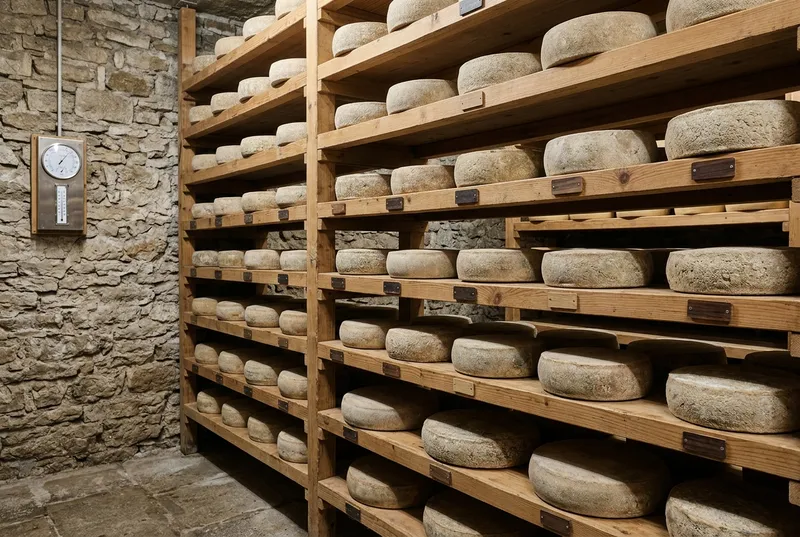 Cave d'affinage avec meules sur rayonnages en bois