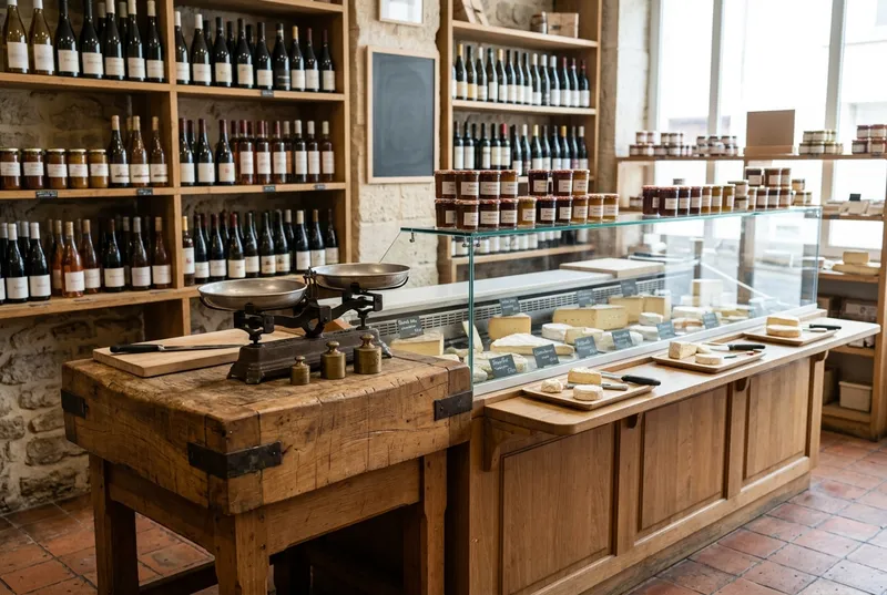 Espace de vente d'une crèmerie, billot et étagères d'épicerie fine