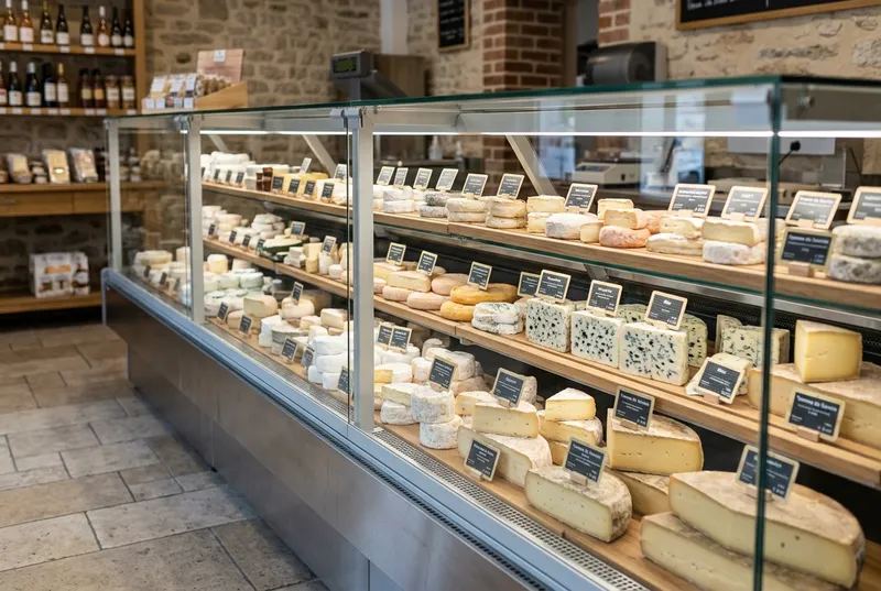 Vitrine réfrigérée de fromagerie, présentation par familles