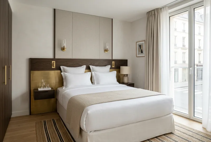 Chambre d'hôtel rénovée avec tête de lit sur mesure