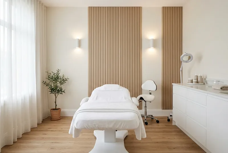 Cabine de soins avec table et rangements intégrés