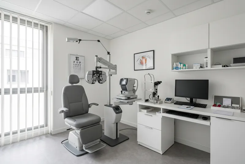 Salle d'examen de vue avec fauteuil et équipement