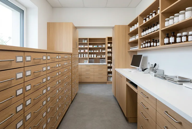 Back-office d'officine avec colonnes de tiroirs et rayonnages