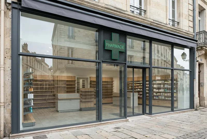 Façade vitrée d'une pharmacie de centre-ville