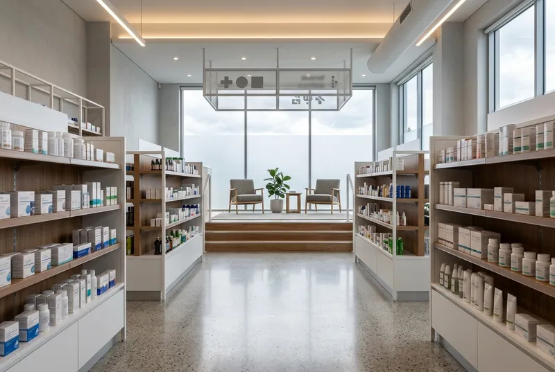 Allée centrale d'une pharmacie avec éclairage des rayons