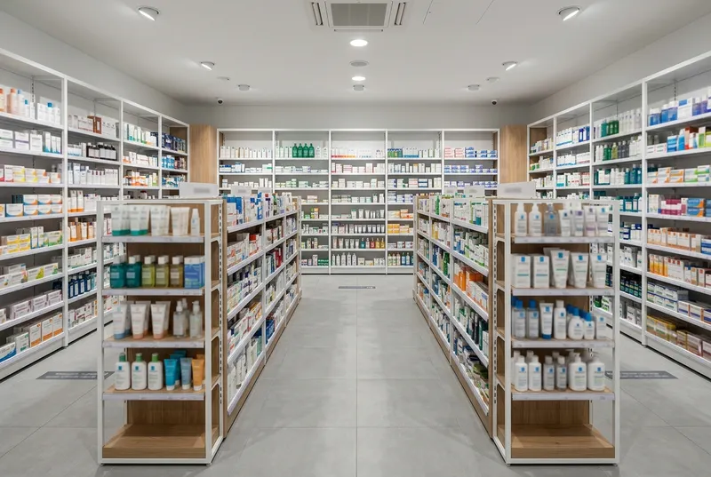 Gondoles et linéaires de parapharmacie dans une officine