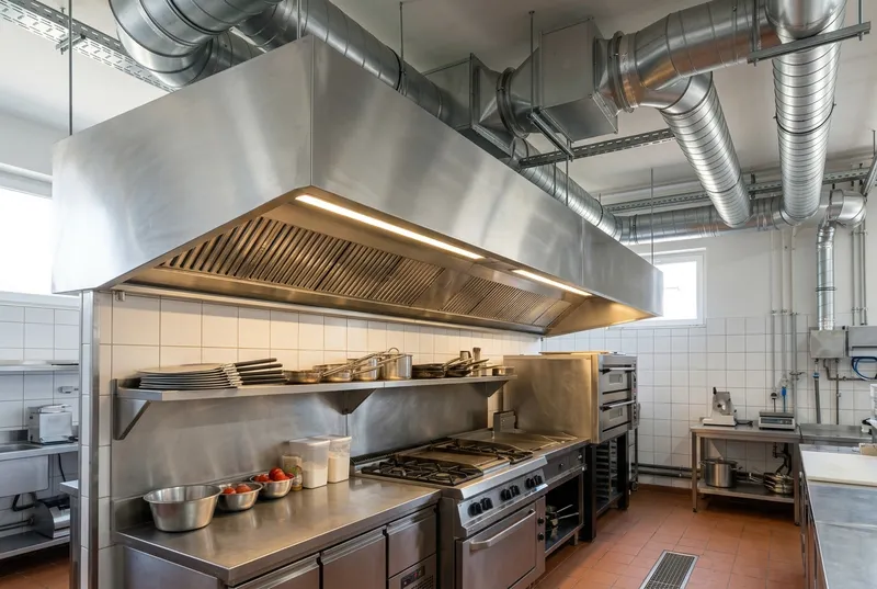 Hotte professionnelle en inox au-dessus du poste de cuisson