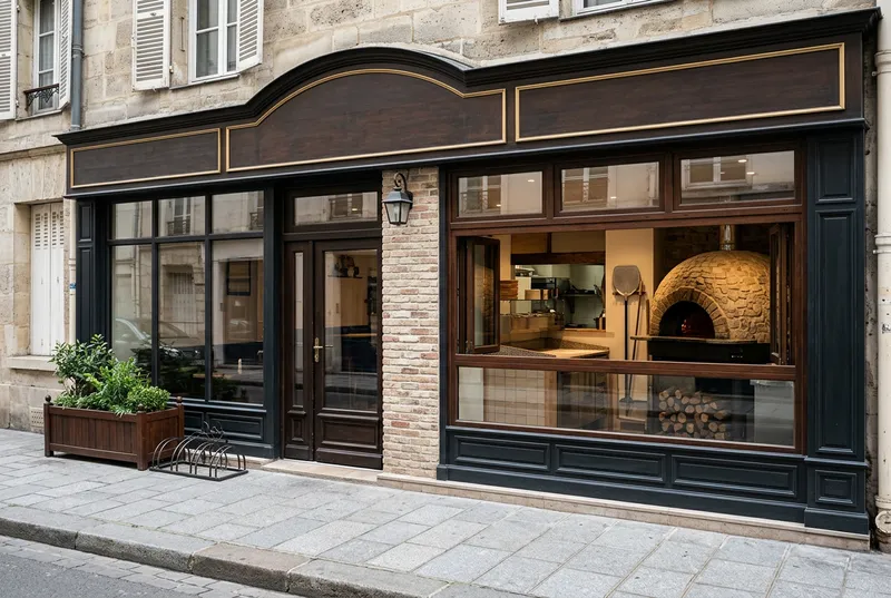 Devanture d'une pizzeria de quartier rénovée