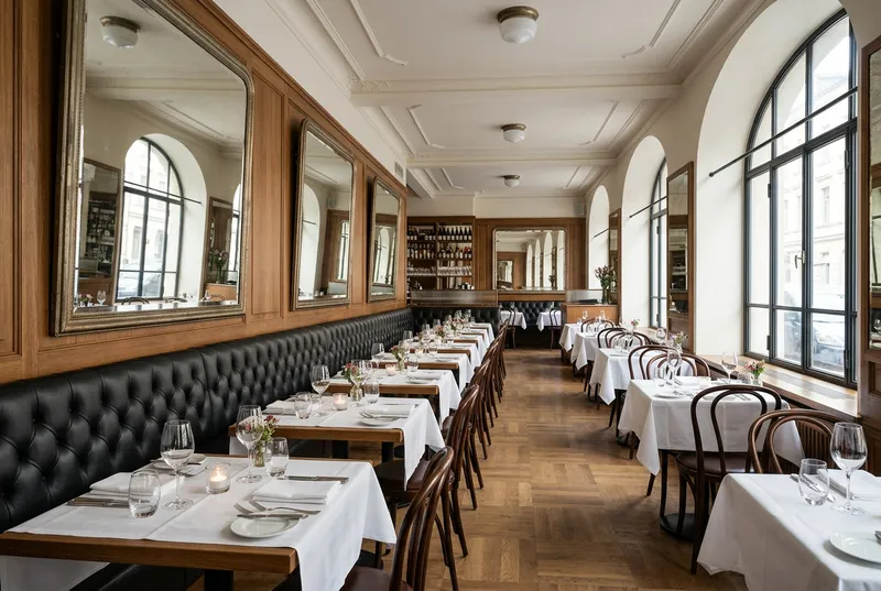 Salle de restaurant avec banquettes et tables dressées
